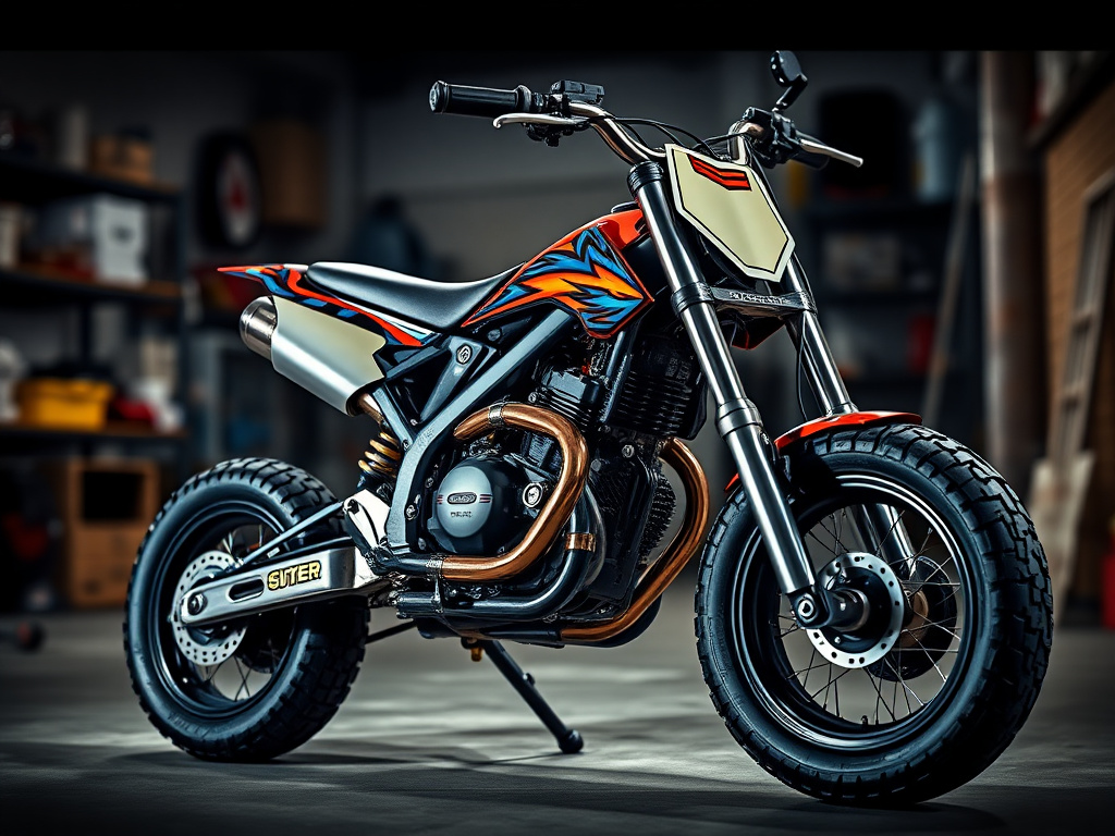 Heavily customized mini bike with a bold paint job and chrome frame in a garage workshop